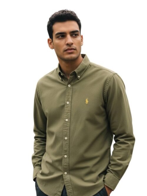 Camisa Ralph Lauren Masculina Oxford Tinturado Verde Exército Pony Dourado
