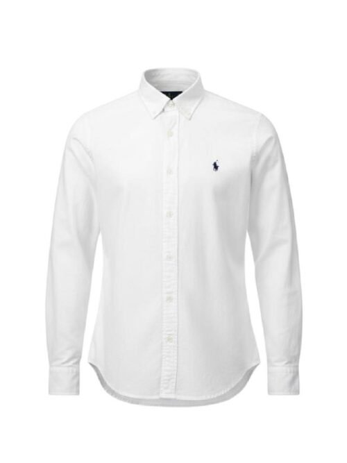 Camisa Ralph Lauren Masculina Oxford Tinturado Branca Pony Marinho