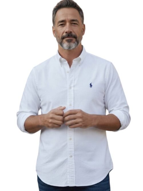Camisa Ralph Lauren Masculina Oxford Tinturado Branca Pony Marinho