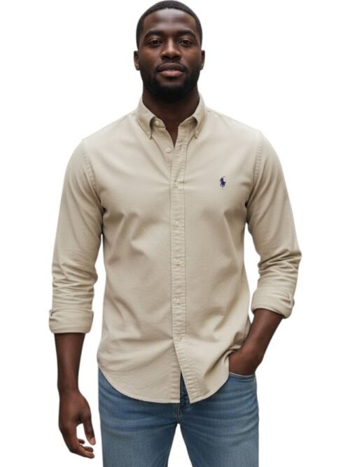 Camisa Ralph Lauren Masculina Oxford Tinturado Areia Pony Marinho