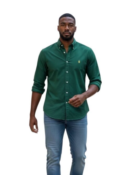 Camisa Ralph Lauren Masculina Oxford Tinturado Verde Floresta Pony Dourado
