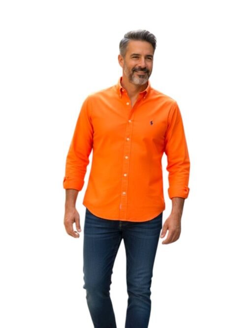 Camisa Ralph Lauren Masculina Oxford Tinturado Laranja Pony Marinho