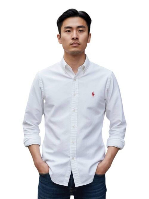 Camisa Ralph Lauren Masculina Oxford Tinturado Branca Pony Vermelho