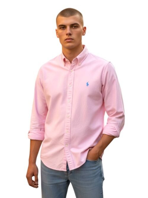 Camisa Ralph Lauren Masculina Oxford Tinturado Rosa Bebê Pony Celeste