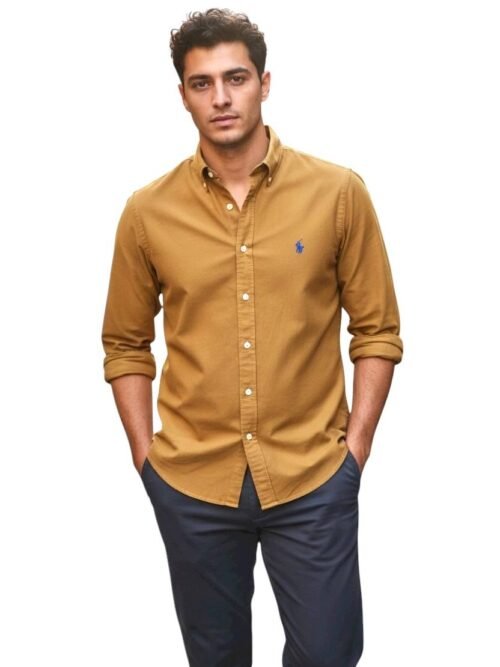 Camisa Ralph Lauren Masculina Oxford Tinturado Caramelo Pony Azul