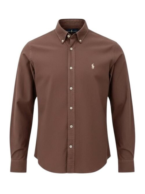 Camisa Ralph Lauren Masculina Oxford Tinturado Marrom Escuro Pony Creme