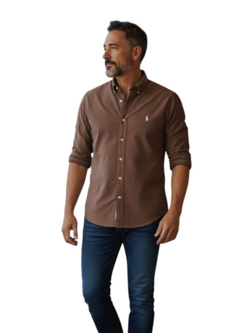 Camisa Ralph Lauren Masculina Oxford Tinturado Marrom Escuro Pony Creme