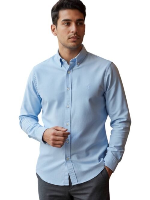 Camisa Ralph Lauren Masculina Oxford Tinturado Azul Bebê Pony Monocromático