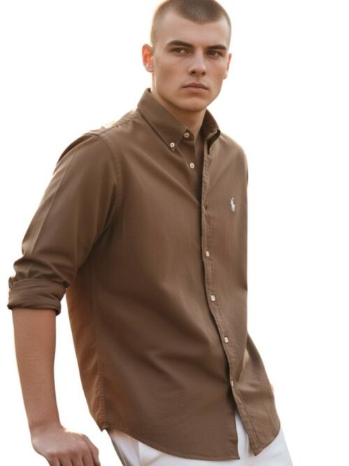 Camisa Ralph Lauren Masculina Oxford Tinturado Marrom Caramelo Pony Creme