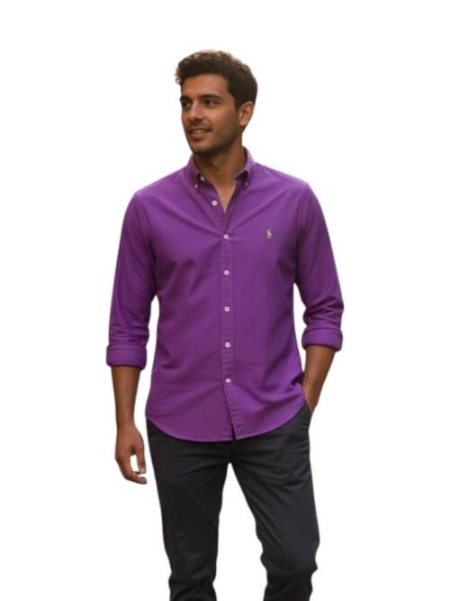Camisa Ralph Lauren Masculina Oxford Tinturado Roxo Pony Verde Neon