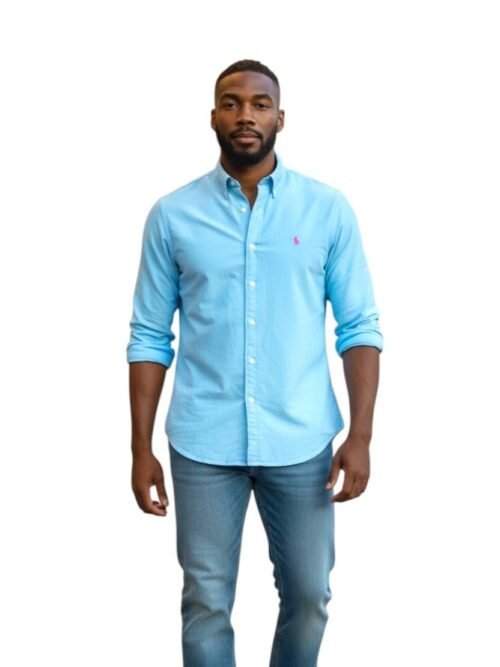 Camisa Ralph Lauren Masculina Oxford Tinturado Azul Bebê Pony Rosa