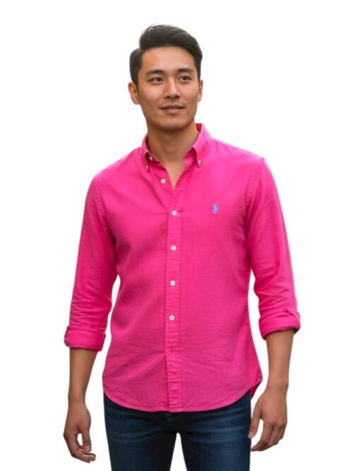 Camisa Ralph Lauren Masculina Oxford Tinturado Rosa Fucsia Pony Celeste