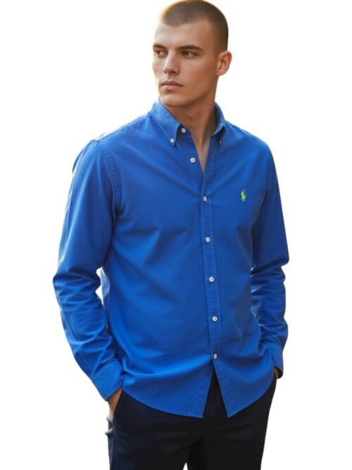 Camisa Ralph Lauren Masculina Oxford Tinturado Azul Royal Pony Verde Neon