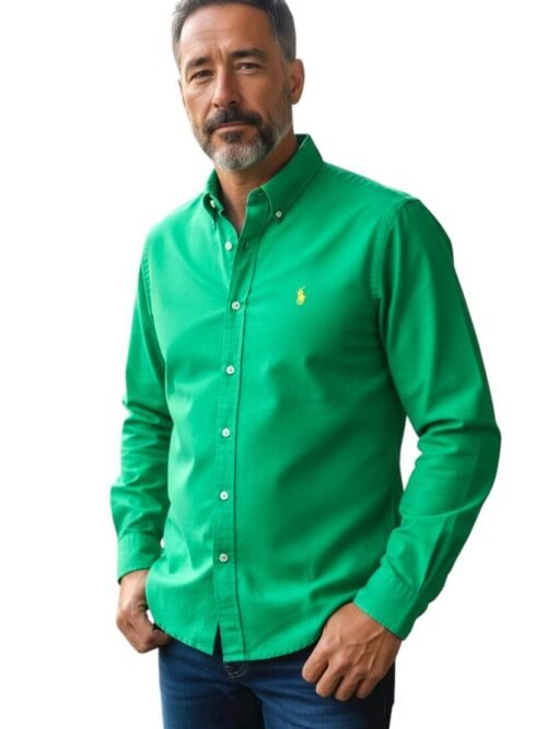 Camisa Ralph Lauren Masculina Oxford Tinturado Verde Esmeralda Pony Limão
