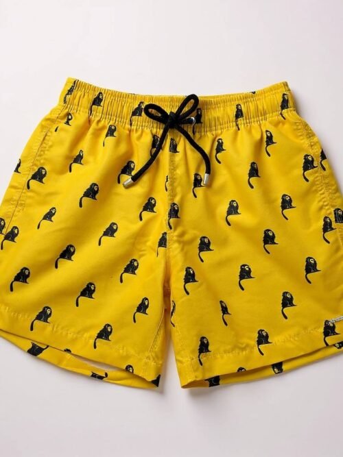 Shorts Praia Masculino Khotz Amarelo Estampa Macaco com Ponteiras em Metal