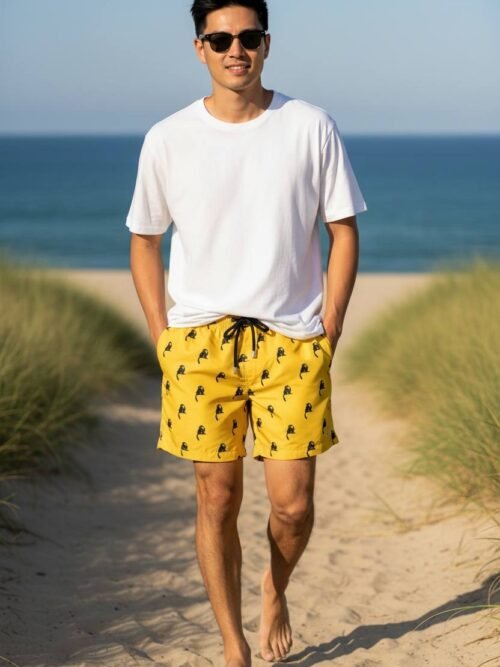 Shorts Praia Masculino Khotz Amarelo Estampa Macaco com Ponteiras em Metal
