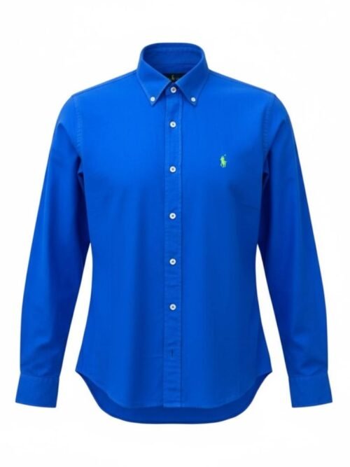 Camisa Ralph Lauren Masculina Oxford Tinturado Azul Royal Pony Verde Neon