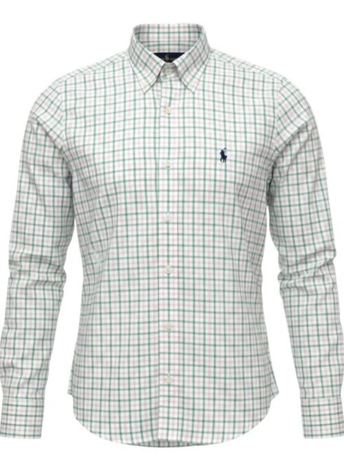 Camisa Ralph Lauren Masculina  Xadrez Rosado com Listras Pony Azul