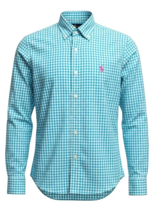Camisa Ralph Lauren Masculina Xadrez Azul Esmeralda Pony Rosa