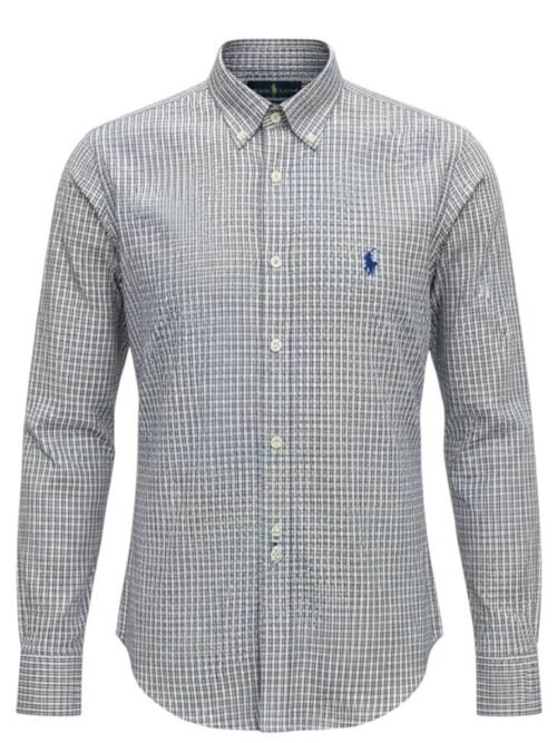 Camisa Ralph Lauren Masculina Cinzenta Listras Executiva Pony Azul