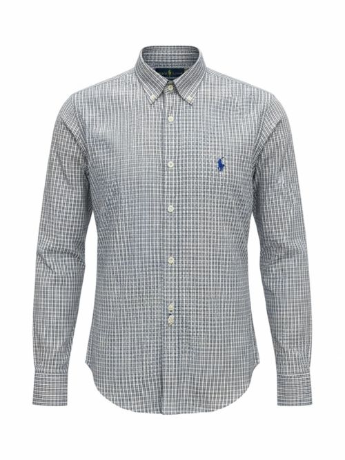 Camisa Ralph Lauren Masculina Cinzenta Listras Executiva Pony Azul