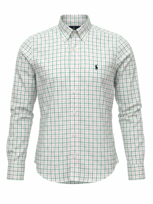 Camisa Ralph Lauren Masculina Xadrez Rosado com Listras Pony Azul