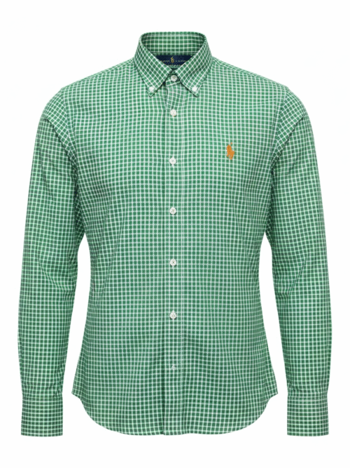 Camisa Ralph Lauren Masculina Xadrez Verde Listras Brancas Pony Laranja