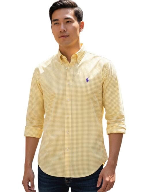 Camisa Ralph Lauren Masculina Micro Xadrez Amarelo Pony Roxo
