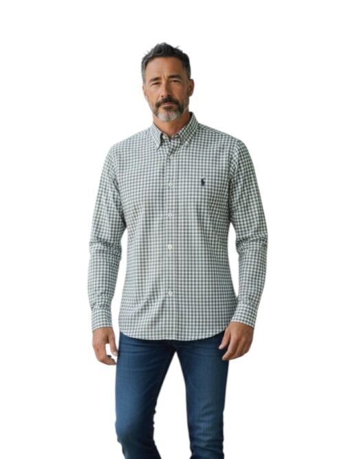 Camisa Ralph Lauren Masculina Xadrez Cinzento Pony Chumbo