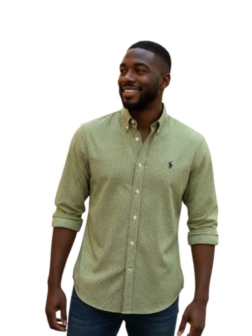 Camisa Ralph Lauren Masculina Micro Xadrez Mostarda Pony Preto