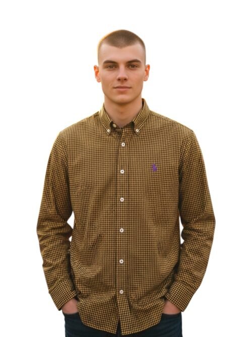 Camisa Ralph Lauren Masculina Micro Xadrez Caramelo Pony Roxo