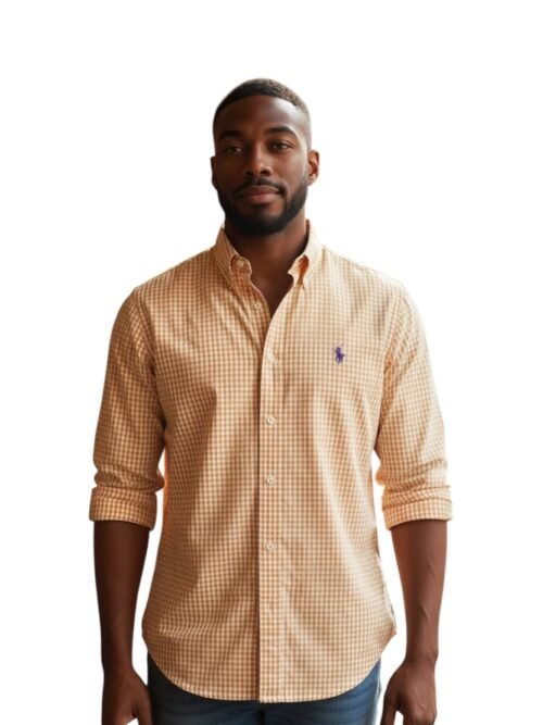 Camisa Ralph Lauren Masculina Micro Xadrez Laranja Pony Roxo
