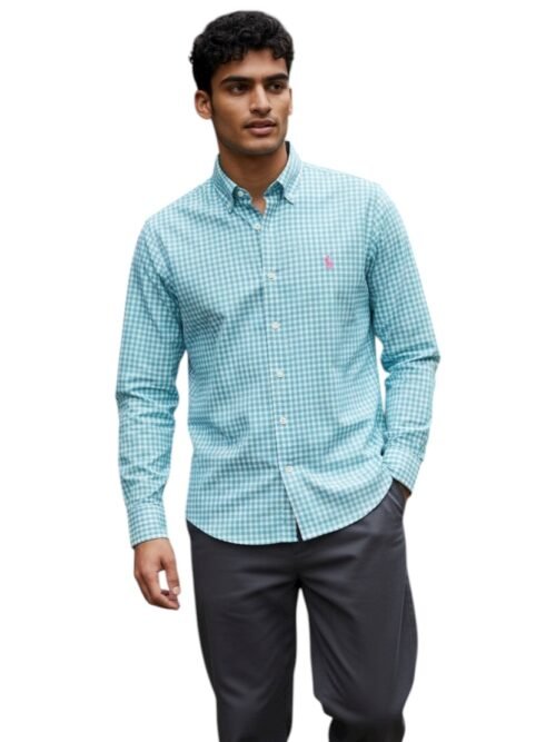 Camisa Ralph Lauren Masculina Xadrez Azul Esmeralda Pony Rosa