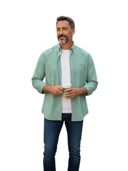 Camisa Ralph Lauren Masculina Xadrez Verde Listras Brancas Pony Laranja