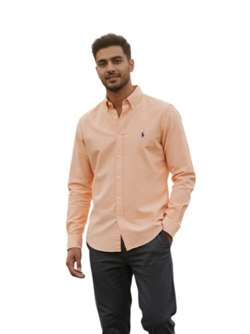 Camisa Ralph Lauren Masculina Oxford Clássico Salmão Pony Azul