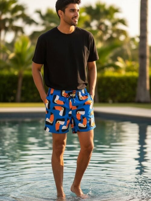 Shorts Praia Masculino Khotz Estampa Tucano Azul com Ponteiras em Metal