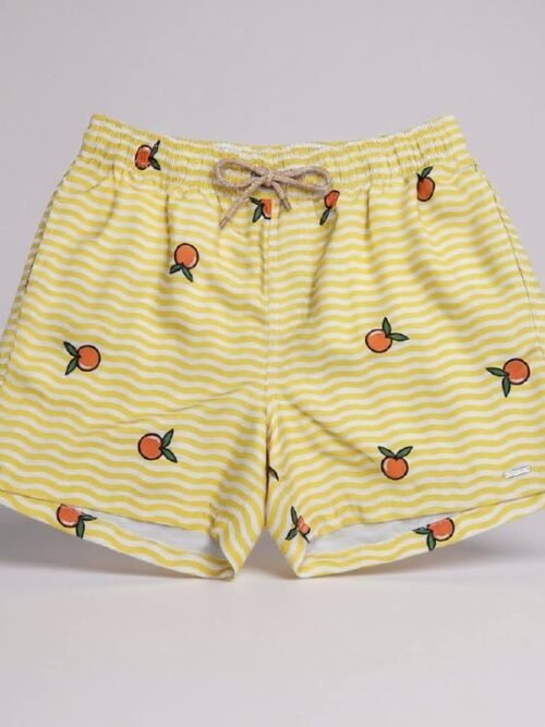 Shorts Praia Masculino Khotz Estampa Tangerina Amarelo com Ponteiras em Metal