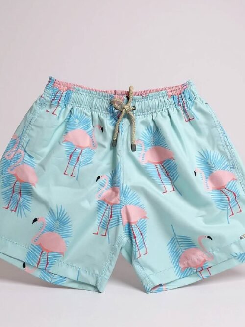 Shorts Praia Masculino Khotz Estampa Flamingo Azul com Ponteiras em Metal