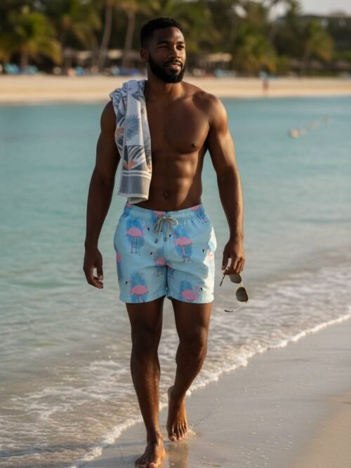 Shorts Praia Masculino Khotz Estampa Flamingo Azul com Ponteiras em Metal