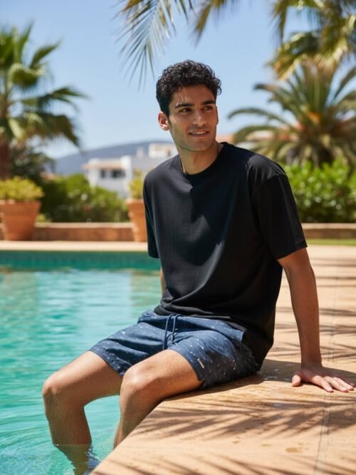 Shorts Praia Masculino Khotz Estampa Espinha de Peixe Azul com Ponteiras em Metal