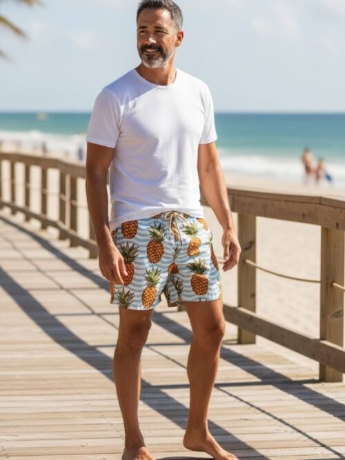Shorts Praia Masculino Khotz Estampa Abacaxi com Ponteiras em Metal
