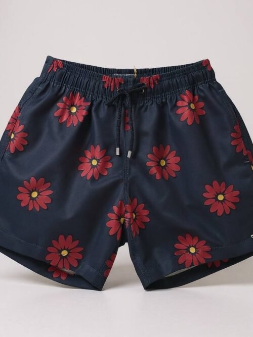 Shorts Praia Masculino Khotz Estampa Flores cor Azul com Ponteiras em Metal