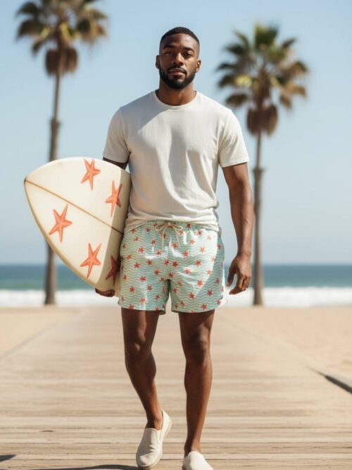 Shorts Praia Masculino Khotz Estampa Estrela do Mar com Ponteiras em Metal