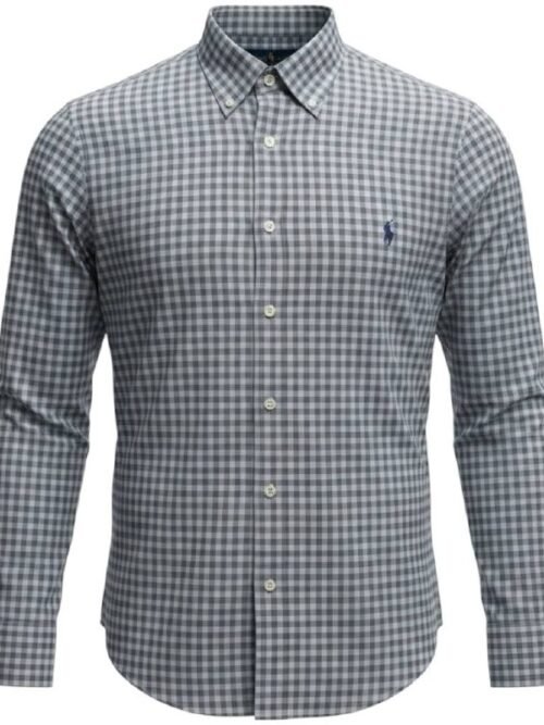 Camisa Ralph Lauren Masculina Xadrez Cinzento Pony Chumbo