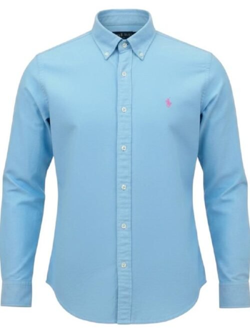 Camisa Ralph Lauren Masculina Oxford Tinturado Azul Bebê Pony Rosa