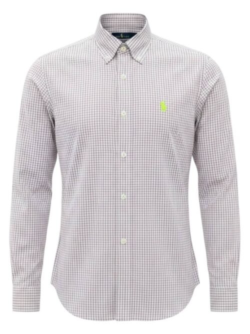 Camisa Ralph Lauren Masculina Micro Xadrez Rosada Exclusiva Pony Limão