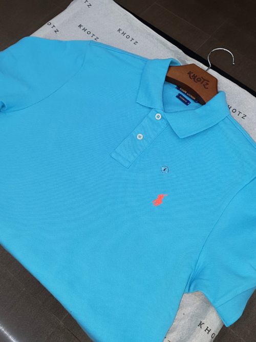 Polo Ralph Lauren Masculina Azul Ciano Pony Laranja