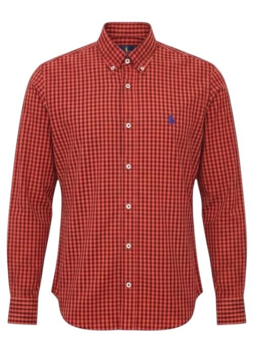 Camisa Ralph Lauren Masculina Xadrez Vermelho Sangue Pony Azul