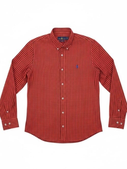Camisa Ralph Lauren Masculina Xadrez Vermelho Sangue Pony Azul