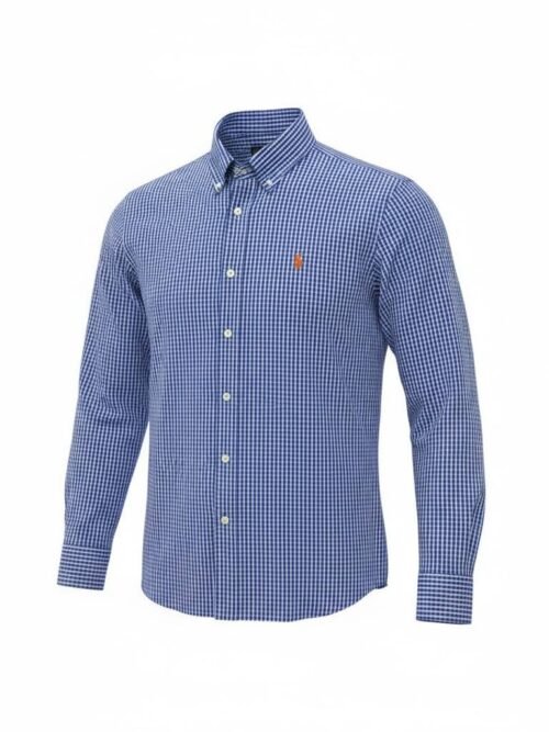 Camisa Ralph Lauren Masculina Xadrez Azul Pony Laranja